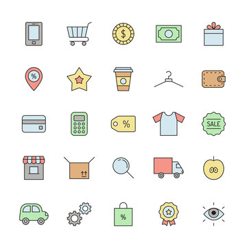 Shopping multicolored icon set. Clean and simple outline design.