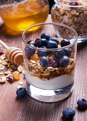 Yougurt with granola in the glass