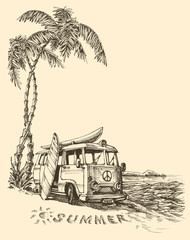 Surf van on the beach vector sketch