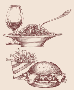 Food vector, fast food burger and fries, pasta and wine