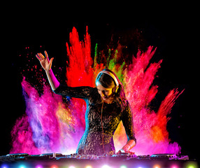 Dj girl mixing electronic music with color powder