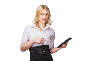 Fototapeta premium girl on a white background with a tablet in hand, online help