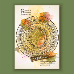 Vector doodle easter pattern. Hand drawn mandala with ethnic egg. Watercolor background. Card, brochure, poster template.