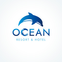 Ocean dolphin resort & hotel logo. Logo of tourism, resort or hotel by the sea, vector ocean waves symbol and jump dolphin