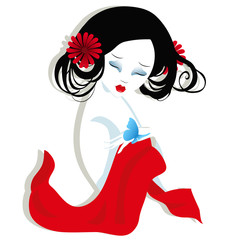illustration of a beautiful geisha in red dress. very gentle and passionate.