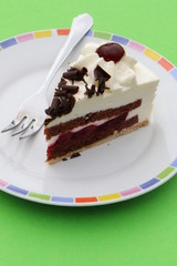 Schwarzwälder Kirschtorte auf grünem Untergrund, eine leckere Sahnetorte genießen