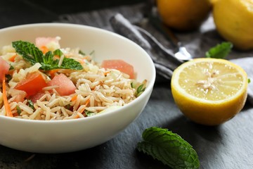 Brown rice salad / Rice salad selective focus