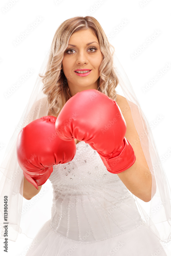 Poster cheerful bride with red boxing gloves