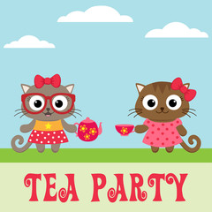 Tea party invitation with cute kitty girls