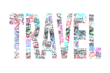 Fototapeta premium Word travel created with passport stamps on white background, travel concept