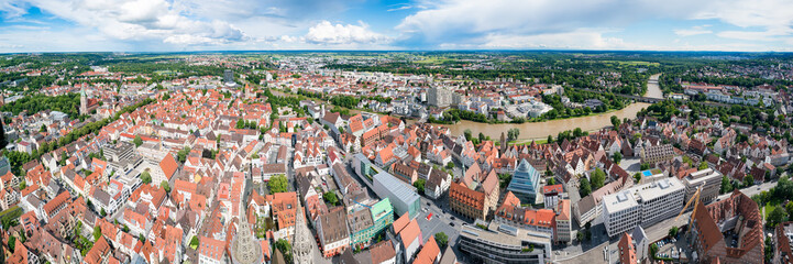 Fototapeta na wymiar Ulm and Danube river bird view, Germany. Ulm is primarily known for having the tallest church in the world, and as the birth city of Albert Einstein.