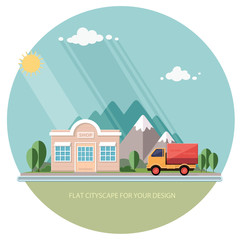 Fototapeta premium Truck delivery of goods. roadside shop on a background of mounta