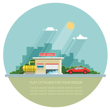 Car on the background of the city. Flat vector illustration