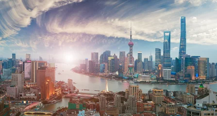 Papier Peint photo autocollant Shanghai Aerial photography at Shanghai bund Skyline of sunrise