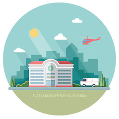 City landscape. Hospital on the background of the city. Clinic b