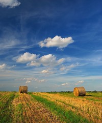 Hay Bale Farm / Summer landscape with bales and clouds / Hay bales on the field after harvest, Hungary
