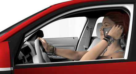 woman with telephone driving in a car