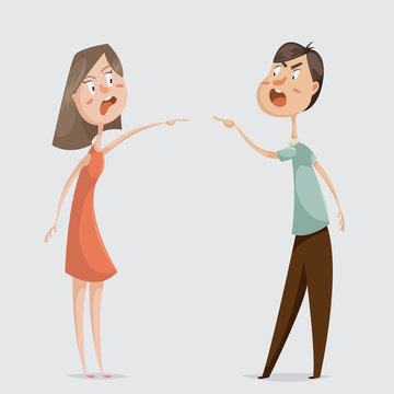 Divorce. Family conflict. Couple man and woman swear. Cartoon characters. Vector illustration