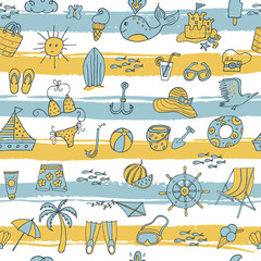 Summer seamless pattern on striped background