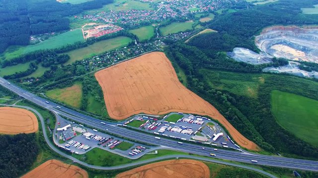 Aerial view of highway D5 gasoline station with parking nearby Pilsen, Czech republic, Central Europe. Transportation concept. 