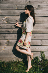 beautiful young woman wearing national ukrainian clothes  in woo