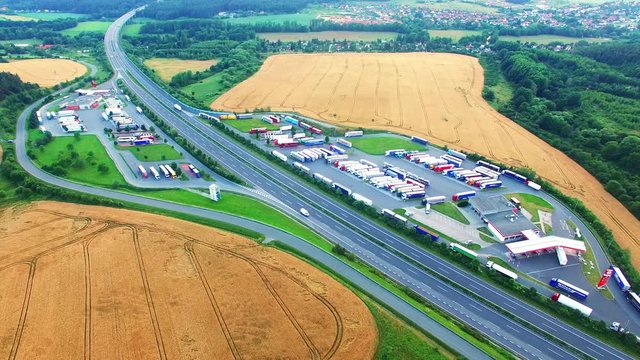 Aerial view of highway D5 gasoline station with parking nearby Pilsen, Czech republic, Central Europe. Transportation concept. 