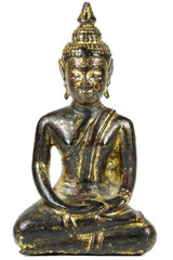 antike Buddha Figur aus Holz mit abgeriebener Vergoldung isoliert auf weißem Hintergrund