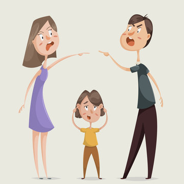 Divorce. Family conflict. Couple man and woman swear and child close his ears. Cartoon characters. Vector illustration