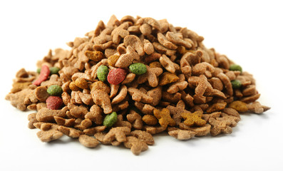 Pile of dog food isolated on white