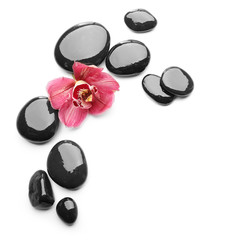 Spa stones and beautiful pink orchid on white background