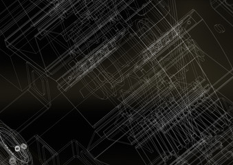 Grungy technical drawing illustration of gears and engineering parts