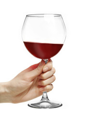 Woman holding glass of wine isolated on white