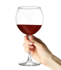 Woman holding glass of wine isolated on white