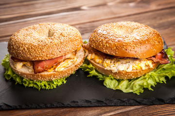 Bagel with bacon and egg