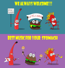 A group of friendly Fast Food meals