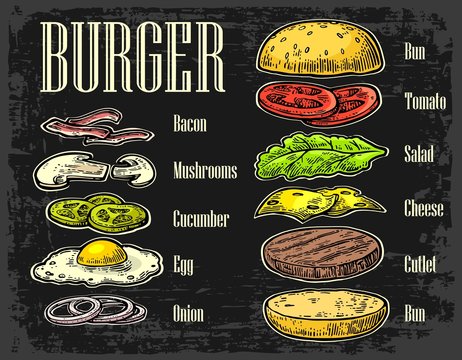 Burger ingredients on dark background