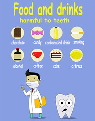 Cartoon infographic about food and drink damage teeth