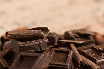 Chopped chocolate pieces, close up