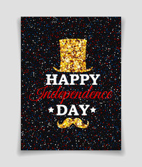 American Happy Independence Day festive bright greeting card with golden glitter top hat, mustache, stars on colorful confetti background.