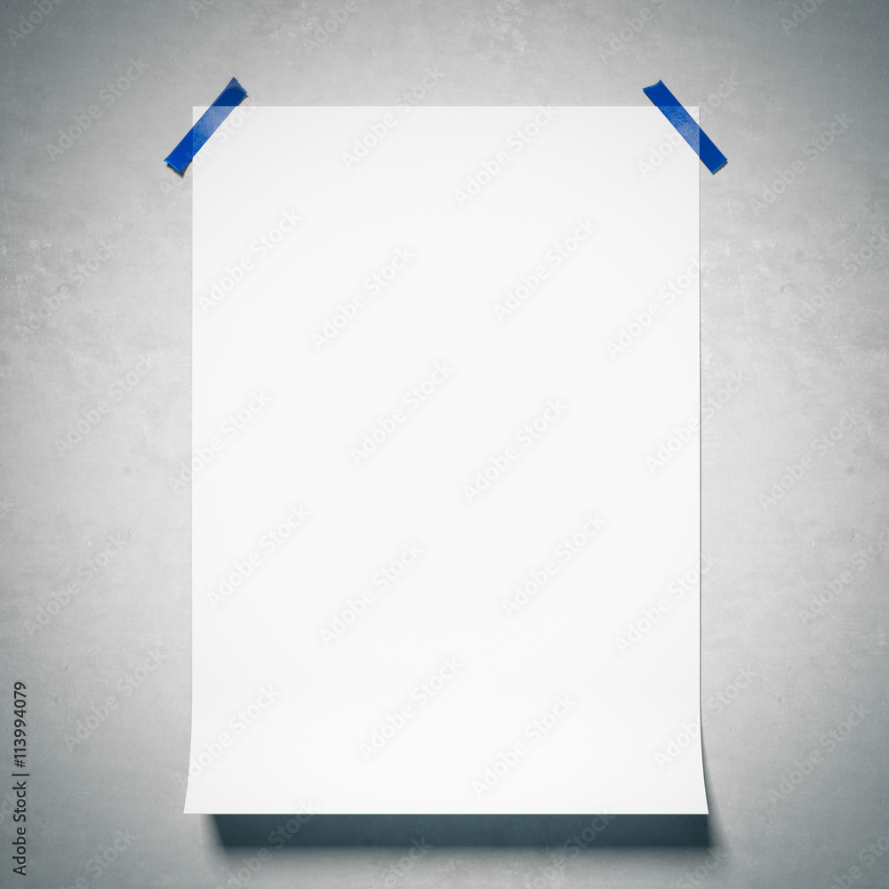 Poster white paper sheet attached by scotch tape. 3d rendering