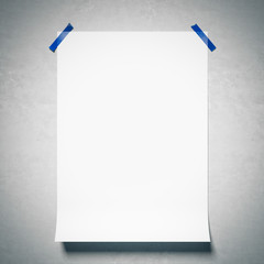 White paper sheet attached by scotch tape. 3d rendering