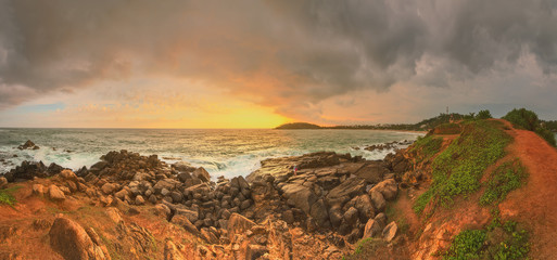 Fototapeta na wymiar Romantic untouched tropical beach on sunset, Sri Lanka