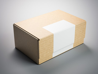 Brown cardboard package with blank sticker. 3d rendering