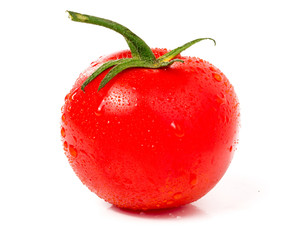 one tomato with water droplets isolated on white background