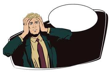 People in retro style. Upset man clutching his head.