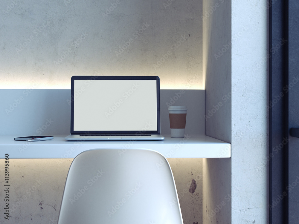 Poster minimalistic workplace with laptop. 3d rendering