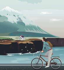 Landscape with a high mountain. Man on bicycle riding road. - 113996211