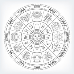 Zodiacal circle with astrology signs. Vector design element isolated on white background. - obrazy, fototapety, plakaty