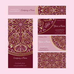 Set booklets templates. Business cards, invitations and banners. Floral mandala pattern and ornaments in pink and vinous colors, in style of Asian, Arabic, Indian motifs.