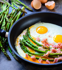 Fried eggs with asparagus and ham on a dark stone board